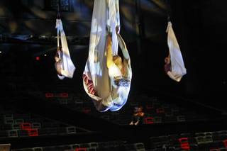Aerialists during a rehearsal for the Cirque du Soleil benefit “One Night for One Drop” on Thursday, March 6, 2014, at Michael Jackson One Theater in Mandalay Bay.